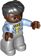 This LEGO minifigure is called, Duplo Figure Lego Ville, Male, Light Bluish Gray Legs, White and Yellow Top with Bright Light Blue Jacket, Black Hair (6362255) . It's minifig ID is 47394pb317.
