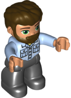 This LEGO minifigure is called, Duplo Figure Lego Ville, Male, Black Legs, Bright Light Blue Shirt with Pockets, Dark Brown Hair and Beard . It's minifig ID is 47394pb318.