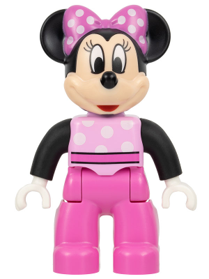 This LEGO minifigure is called, Duplo Figure Lego Ville, Minnie Mouse, Bright Pink Top with Polka Dots and Black Sleeves, Dark Pink Legs (6345337) / *with skirt. It's minifig ID is 47394pb319.