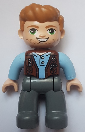 This LEGO minifigure is called, Duplo Figure Lego Ville, Male, Dark Bluish Gray Legs, Reddish Brown Vest, Dark Tan Hair (Jurassic World Owen Grady) . It's minifig ID is 47394pb321.