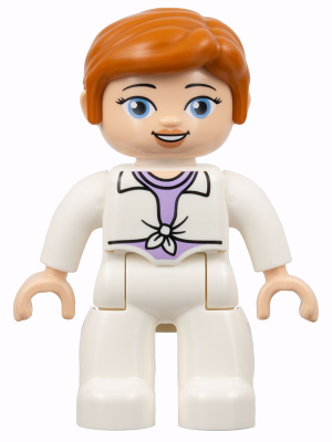 This LEGO minifigure is called, Duplo Figure Lego Ville, Female, White Legs, White Jacket Tied over Lavender Shirt, Dark Orange Hair (Jurassic World Claire Dearing) (6345499) . It's minifig ID is 47394pb335.
