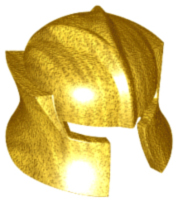 Display of LEGO part no. 48493 which is a Pearl Gold Minifigure, Headgear Helmet Castle Barbute with Angled Cheek Protection 