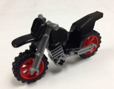 Display of LEGO part no. 50860c06 which is a Black Motorcycle Dirt Bike with Flat Silver Chassis (Long Fairing Mounts) and Red Wheels 