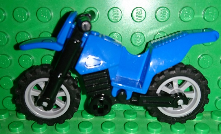 Display of LEGO part no. 50860c11 which is a Blue Motorcycle Dirt Bike with Black Chassis (Long Fairing Mounts) and Light Bluish Gray Wheels 