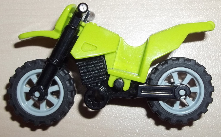 Display of LEGO part no. 50860c11 which is a Lime Motorcycle Dirt Bike with Black Chassis (Long Fairing Mounts) and Light Bluish Gray Wheels 