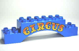 Display of LEGO part no. 51704pb06 which is a Blue Duplo, Brick 2 x 10 x 2 Arch with 'CIRCUS' Red and Yellow Pattern 