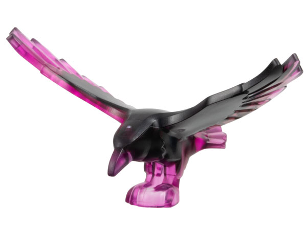 Display of LEGO part no. 5272pb01 which is a Trans-Dark Pink Bird, Raven with Spread Wings with Marbled Black Pattern 