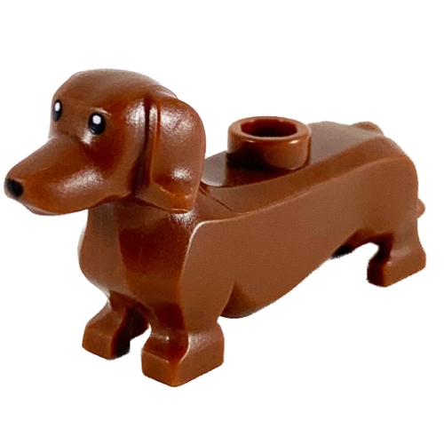 Display of LEGO part no. 53075pb01 which is a Reddish Brown Dog, Dachshund with Black Eyes and Nose Pattern