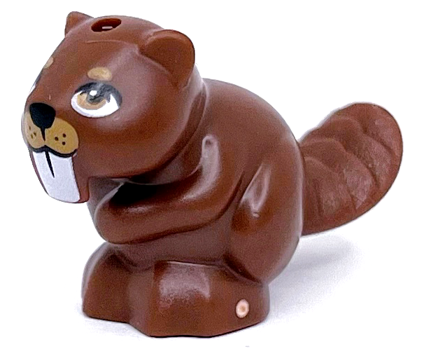 Display of LEGO part no. 5553pb01 which is a Reddish Brown Beaver, Friends Style with Nougat Eyes, Medium Nougat Muzzle, Black Nose and White Teeth Pattern 