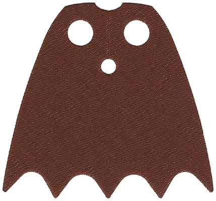 Display of LEGO part no. 56630 which is a Reddish Brown Minifigure Cape Cloth with Top Holes and Scalloped 5 Points Bottom (Batman), Long, Circle Neck Cut, Traditional Starched Fabric 