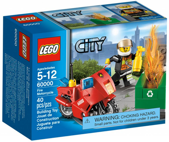 LEGO City Fire Motorcycle set packaging with LEGO logo and product details.