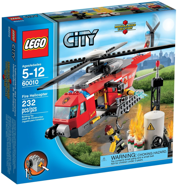 LEGO City Fire Helicopter set packaging with helicopter and fire scene on blue background