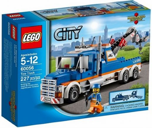 LEGO City Tow Truck set packaging with blue tow truck and cityscape background