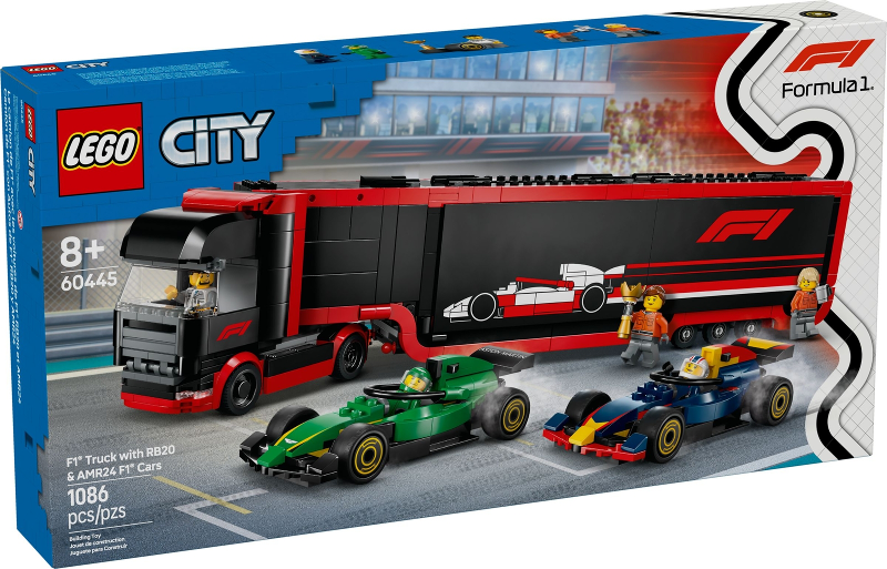 Box art for LEGO City F1 Truck with RB20 & AMR24 F1 Cars 60445