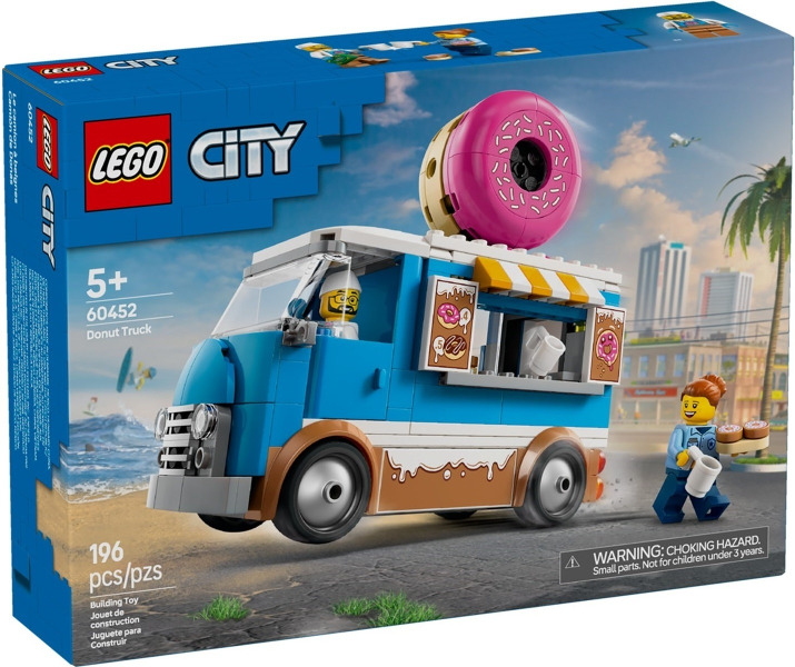 LEGO City Donut Truck set packaging with cityscape background