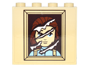 Display of LEGO part no. 60581pb066 which is a Tan Panel 1 x 4 x 3 with Side Supports, Hollow Studs with Beauty and the Beast Prince Portrait with Rips Pattern (Sticker), Set 41067 