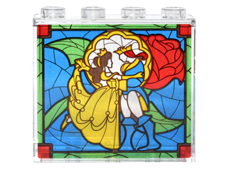 Display of LEGO part no. 60581pb067 which is a Trans-Clear Panel 1 x 4 x 3 with Side Supports, Hollow Studs with Beauty and the Beast Stained Glass Window Pattern (Sticker), Set 41067 