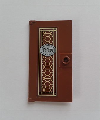 Display of LEGO part no. 60616pb040 which is a Reddish Brown Door 1 x 4 x 6 with Stud Handle with Pearl Gold Ornament and '177A' Pattern (Sticker), Set 76108 