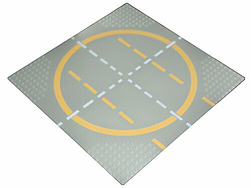 Display of LEGO part no. 6099pb01 which is a Light Gray Baseplate, Road 32 x 32 9-Stud Landing Pad with Yellow Circle, 1-way Lines, Yellow Lines Not Touching Circle Pattern 