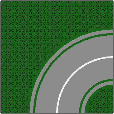 Display of LEGO part no. 613p01 which is a Green Baseplate, Road 32 x 32 8-Stud Curve with Road Pattern 