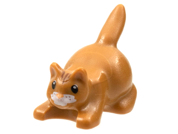 Display of LEGO part no. 6251pb03 which is a Medium Nougat Cat, Crouching with Black Eyes, Dark Brown Stripes on Head and White Muzzle Pattern 