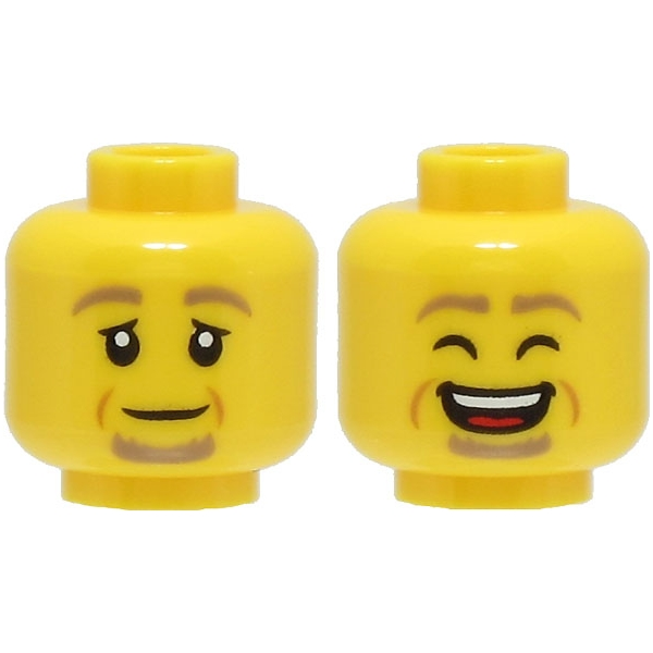 Yellow Part 3626cpb3002 Minifigure, Head Dual Sided Dark Tan Eyebrows and Goatee, Nougat Cheek Lines, Neutral / Laughing with Open Mouth and Closed Eyes Pattern - Hollow Stud