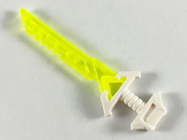 Display of LEGO part no. 65272pb01 which is a Trans-Neon Green Minifigure, Weapon Sword with Serrated Blade and Molded White Hilt with Wide Angled Pommel Pattern (Ninjago Key-Tana) 