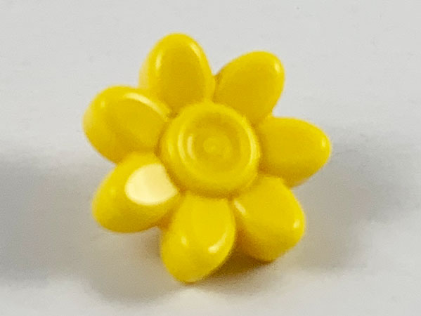 Display of LEGO part no. 65468e which is a Yellow Minifigure, Utensil Trolls Flower, 7 Petals and Pin 