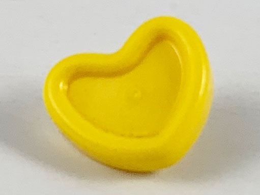 Display of LEGO part no. 65468g which is a Yellow Minifigure, Utensil Trolls Heart with Pin 