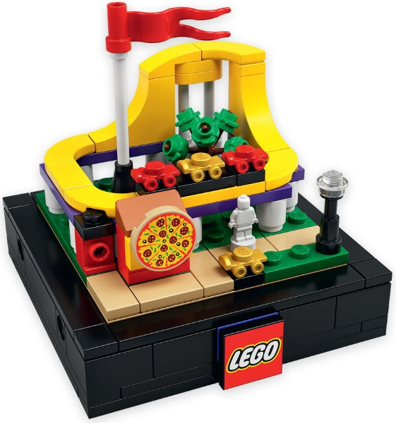 LEGO set with a pizza box, flag, and other elements on a white background