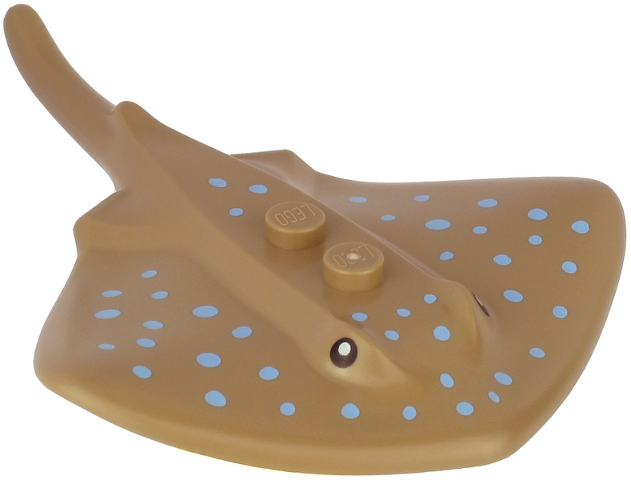 Display of LEGO part no. 67337pb01 which is a Dark Tan Manta Ray / Stingray with 2 Studs with Black Eyes and Bright Light Blue Dots Pattern 