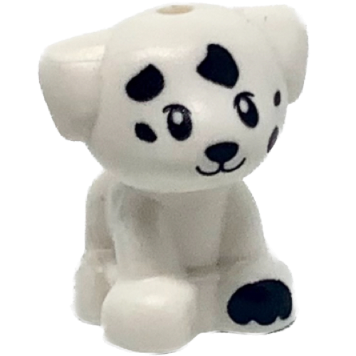 Display of LEGO part no. 69901pb02 which is a White Dog, Friends, Puppy, Standing, Small with Black Paw and Spots Pattern (Elliot)