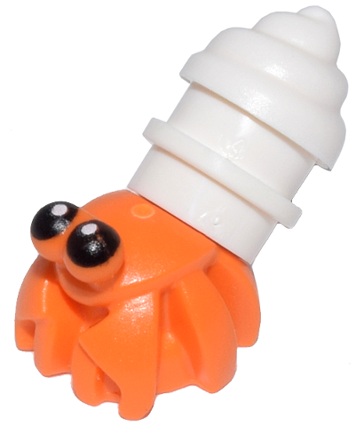 Display of LEGO part no. 69945pb01c01 which is a n/a Hermit Crab, Bar on Back with Black Eyes Pattern and White Shell 