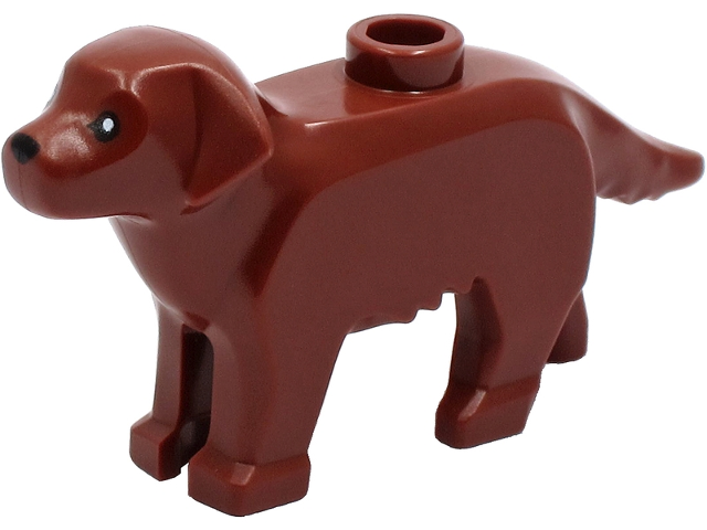 Display of LEGO part no. 69962pb01 Dog, Labrador / Golden Retriever with Black Eyes and Nose Pattern which is a Reddish Brown Dog, Labrador / Golden Retriever with Black Eyes and Nose Pattern