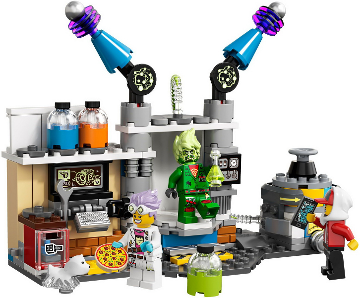 LEGO set with characters and props on a white background