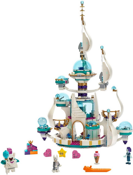 LEGO set with a castle-like structure and small figures on a white background