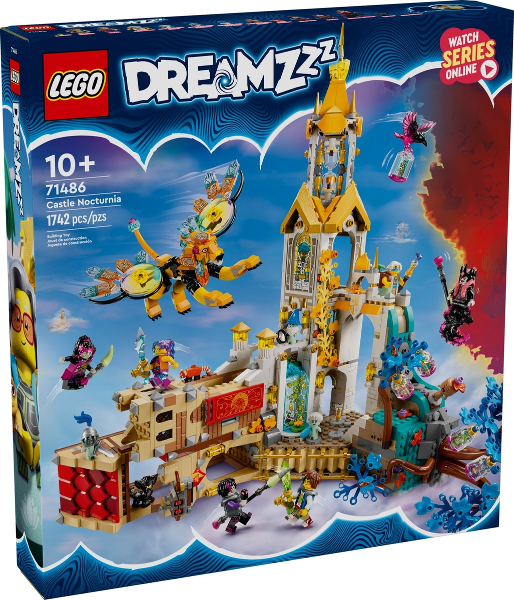 LEGO Dreamzzz Castle Nocturnia set packaging with colorful castle model and characters on a blue and red background.