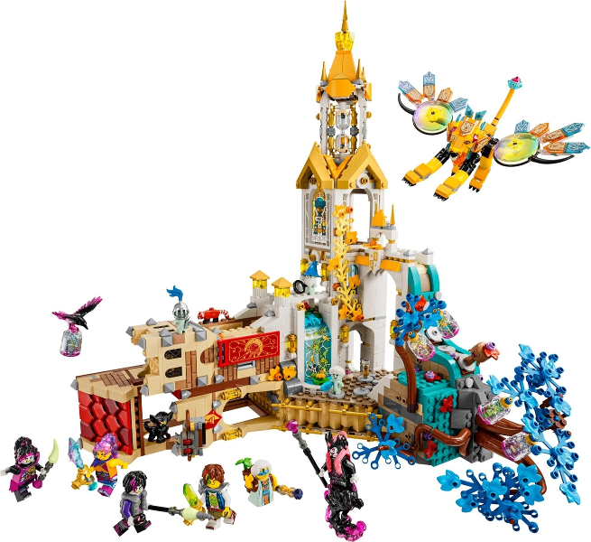 Toy castle set with various characters and elements on a white background