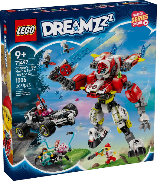 LEGO Dreamzzz set packaging with robot and tiger mech design on a blue background