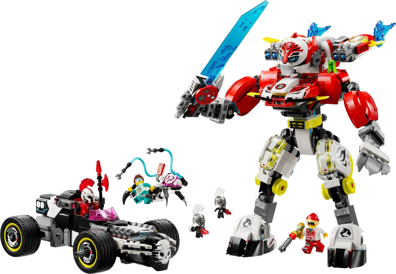 Toy robot and vehicle set with characters on a white background