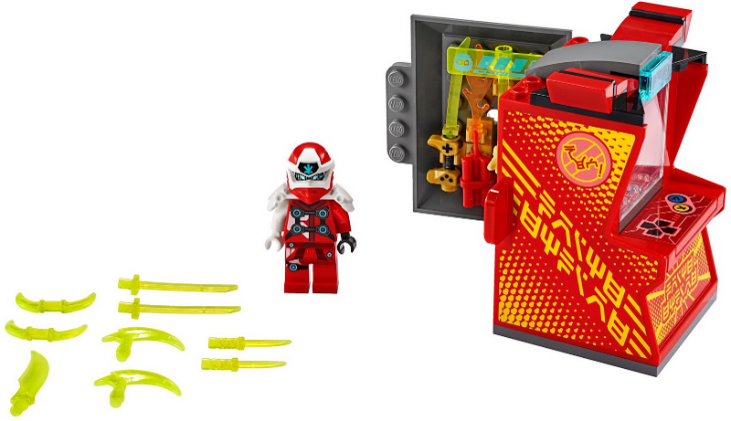 LEGO set with red and yellow character, weapons, and a box on a white background