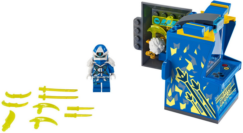 Toy set with a blue and white figure, machine, and yellow tools on a white background