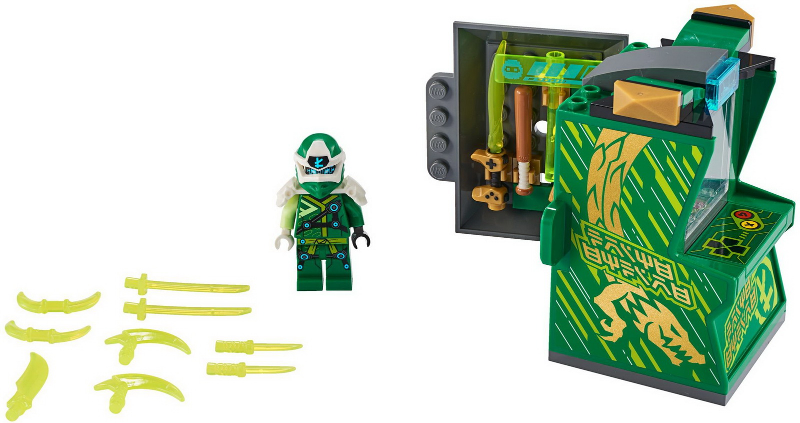 Toy set with green character figure, storage box, and accessories on a white background
