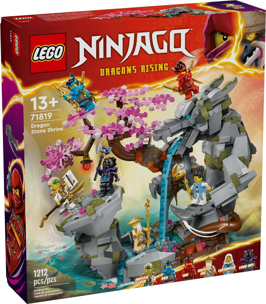 LEGO Ninjago Dragon Rising set packaging with characters and dragon on a mountain.