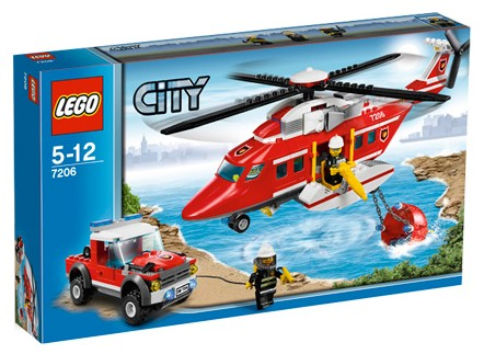 LEGO City set packaging with red helicopter and police car on a blue background