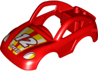 Display of LEGO part no. 73549pb02 which is a Red Duplo Car Body Coupe with Headlights, White '12' and 'SPEED' Pattern 