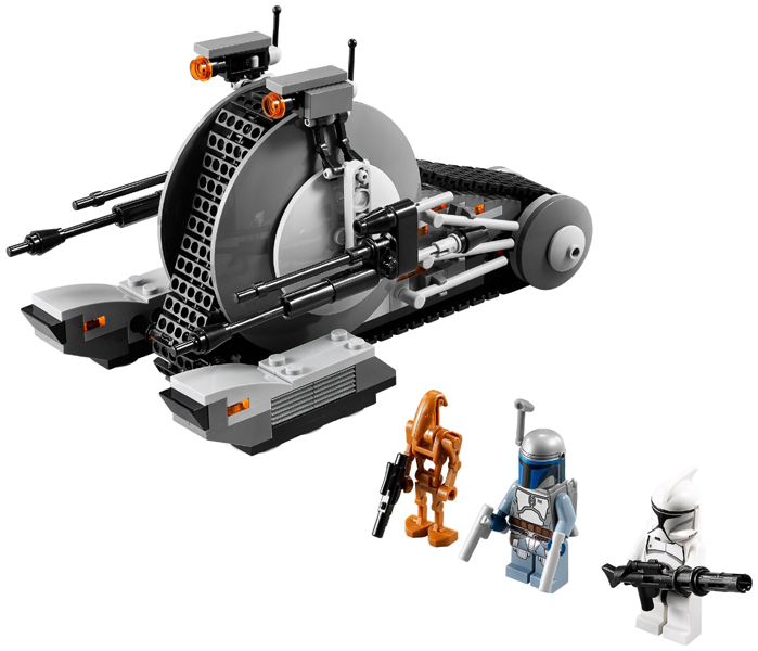 LEGO Star Wars set with a large mechanical structure and three figures on a white background