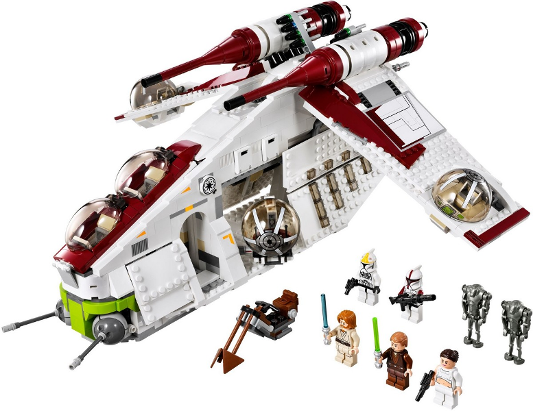 LEGO Star Wars model spaceship with figures on a white background