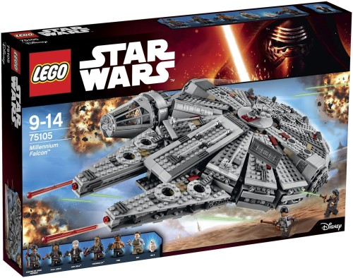 LEGO Star Wars Millennium Falcon set packaging with characters and 'LEGO' branding.