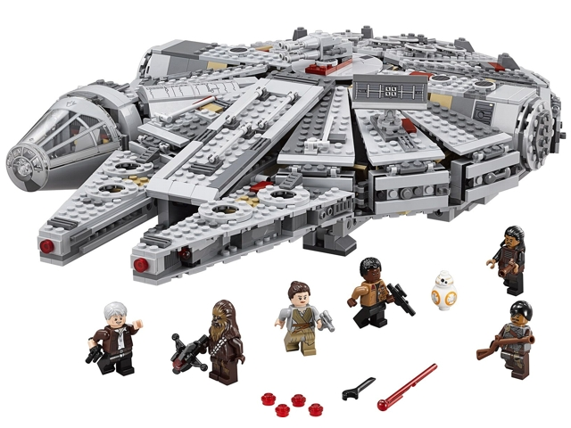 LEGO Star Wars Millennium Falcon set with minifigures on a white background